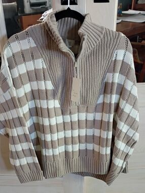 a new day Beige and White Check Cowl Half-Zip Sweater